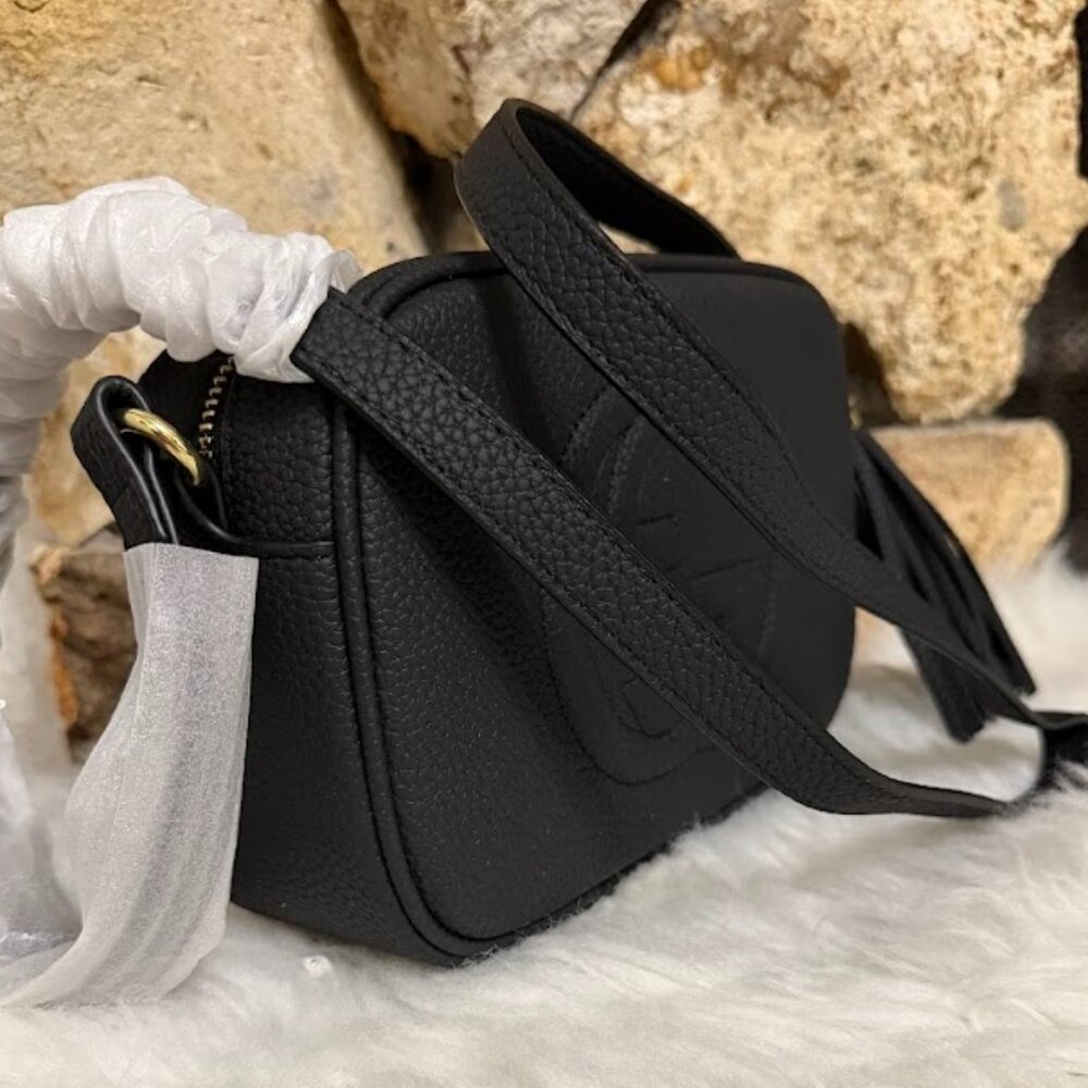 Textured Black Crossbody Camera Bag with Tassel Accent - Picture 2 of 9